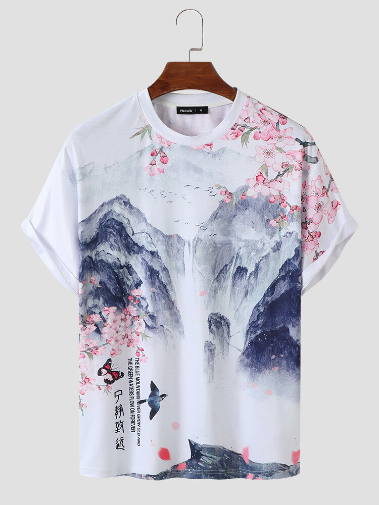 Mens All Over Chinese Mountain Landscape Print Short Sleeve T-Shirts