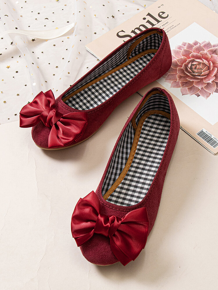 

Bowknot Suede Lining Plaid Cute Flats, Red