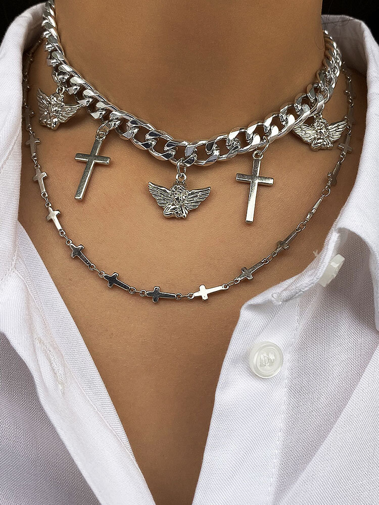 2 Stk./Set Vintage Einfacher kleiner Engel Kreuz Anhänger Kreuzkette Kubanische Kette Legierung Doppellagige Halsketten