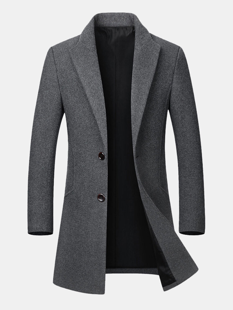 Mens Business Casual Gentlemanlike Woolen Trench Coat Mid-long Single Breasted Slim Fit Coat