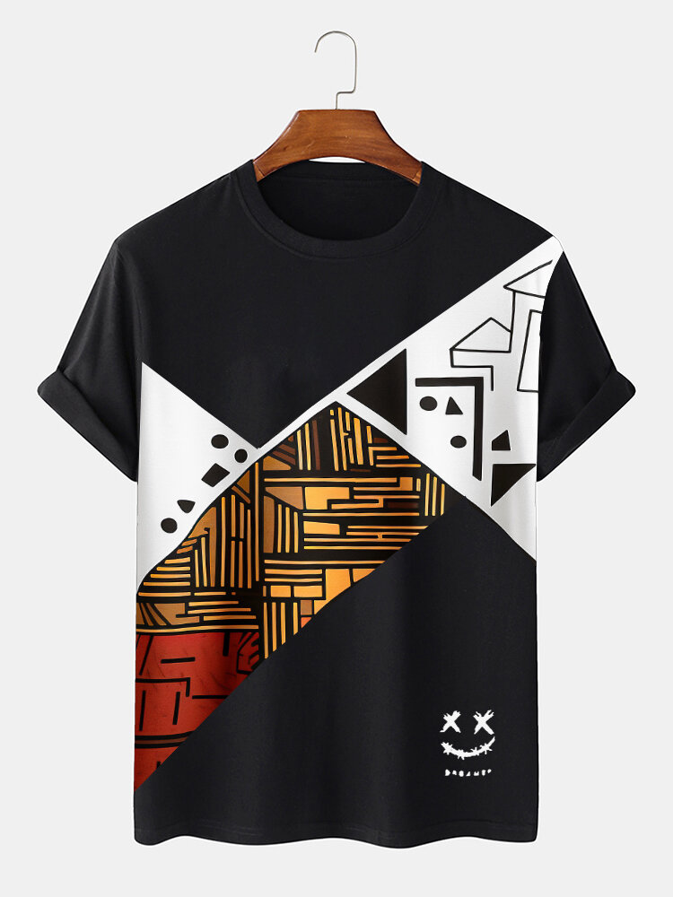 Herren Smile T-Shirts mit geometrischem Print und Patchwork, Rundhalsausschnitt, kurzärmelig