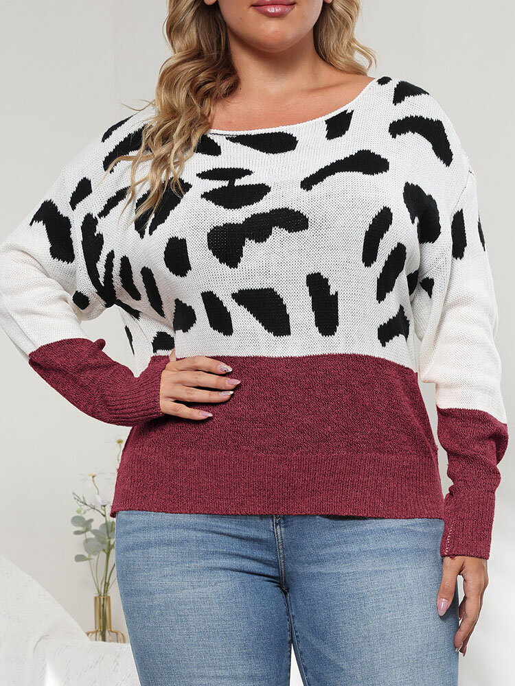 Plus Size Contrast Color Zebra Print Patchwork Knitted Sweater