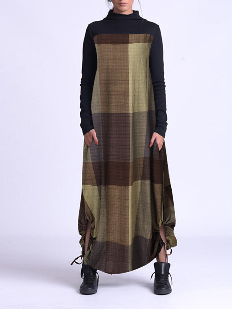 Contrast Color Plaid Print Patchwork Long Sleeve Maxi Dress For Women
