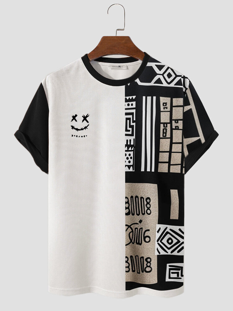 

Mens Smile Print Patchwork Ethnic Crew Neck Short sleeves T-shirts, White