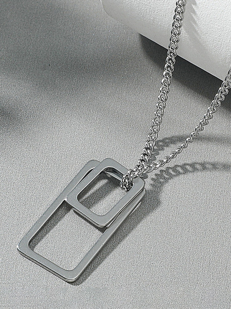 

Trendy Simple Double-layer Hollow Rounded Rectangle Pendant Alloy Necklace, Steel color