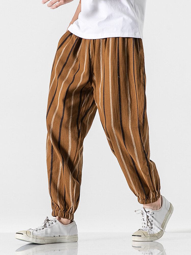 Mens 100% Cotton Striped Print Casual Loose Elastic Mid Waist Jogger Pants