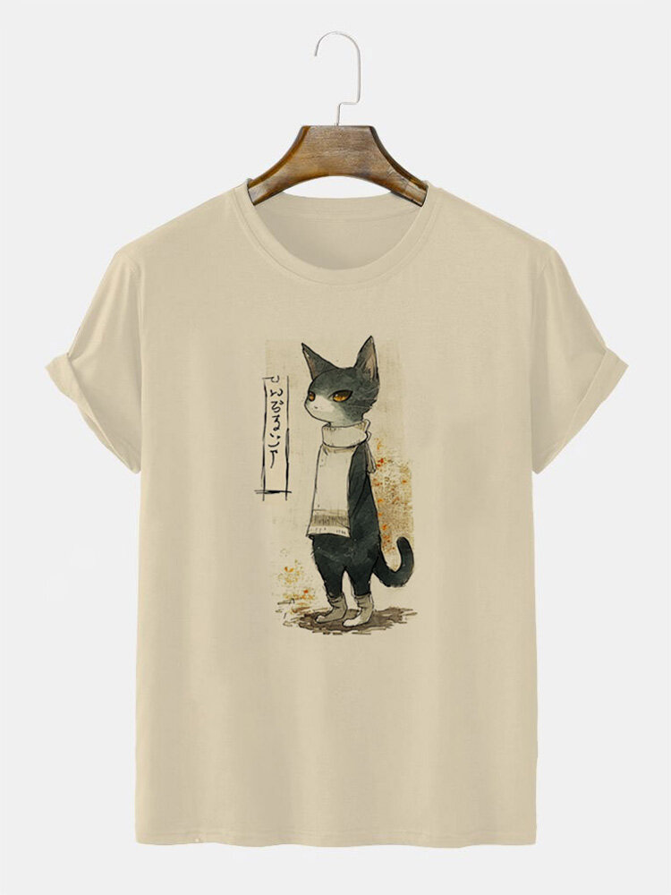 Mens Cartoon Cat Print Crew Neck Short Sleeve T-Shirts Winter