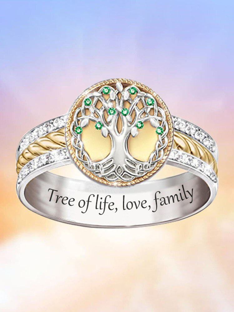 Vintage Alloy Mother's Day Diamond Two-tone Tree Life Jade Family Ring