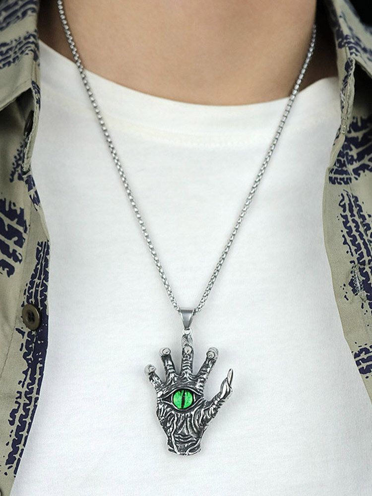 

Trendy Stylish Devil's Hand Inlaid Green Eye Pendant Stainless Steel Necklace