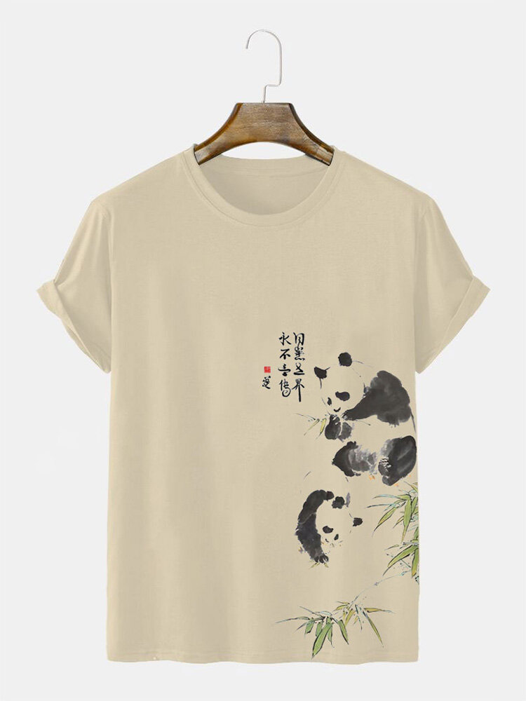 Mens Chinese Panda Bamboo Ink Print Crew Neck Short Sleeve T-Shirts Winter