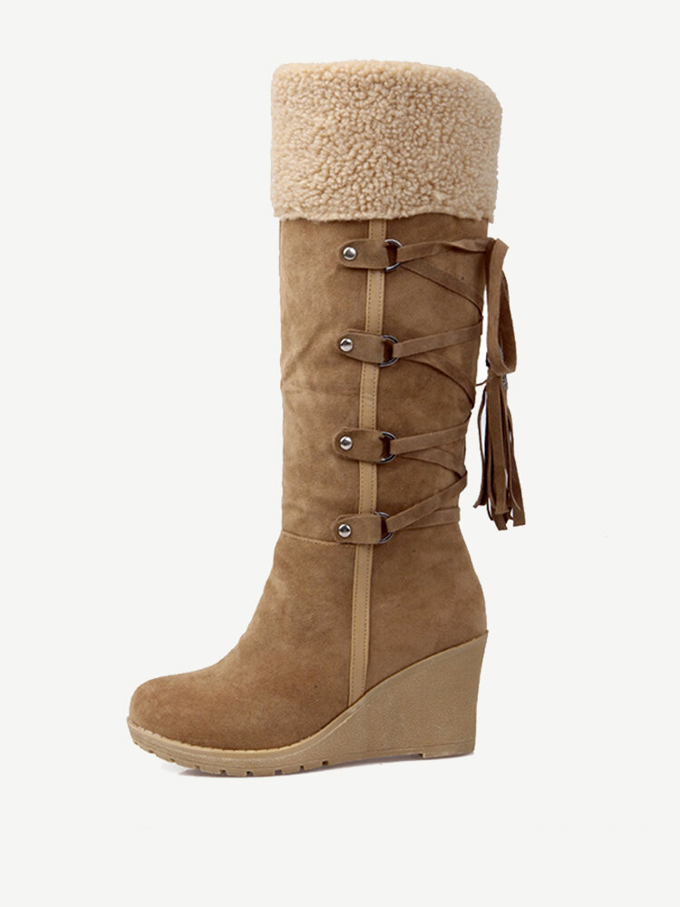 Large Size Stitching Suede Tassel Slip On Wedges Knee High Boots