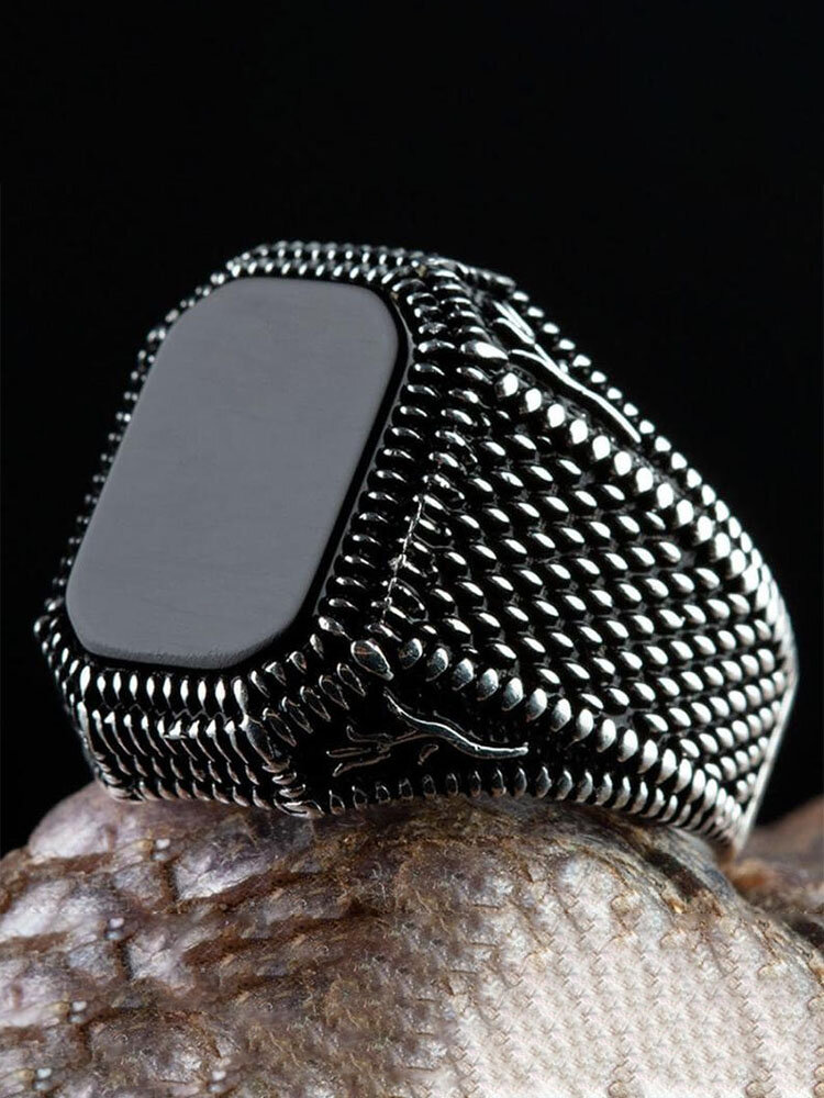 Fashion Business Square Shape Black Gemstone Mental Ring