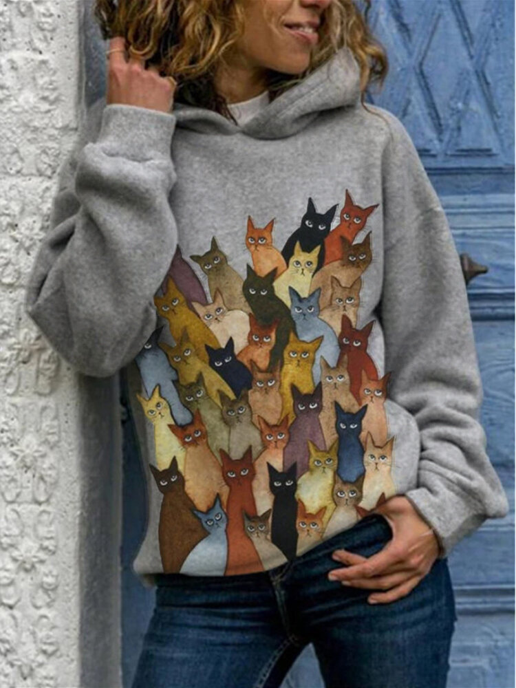 Повседневная одежда с длинными рукавами и принтом мультяшных котов Толстовка с капюшоном для Женское