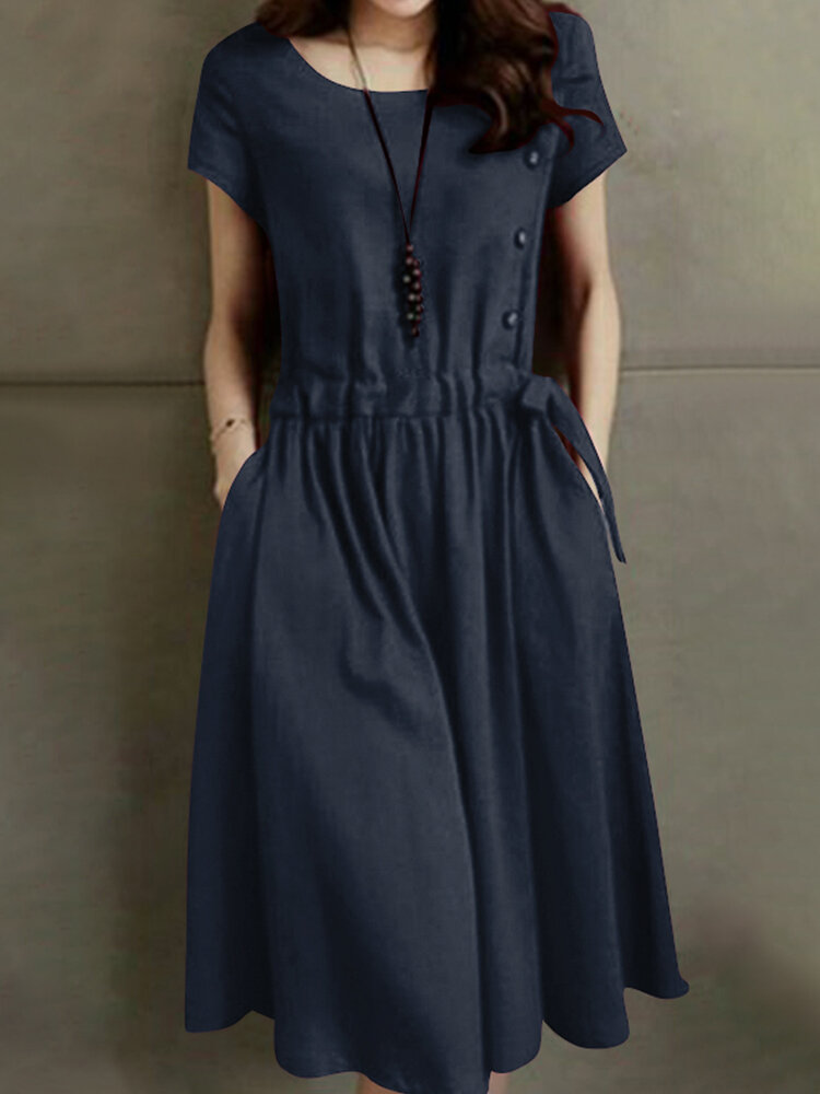 Leisure Solid Pocket Drawstring Short Sleeve Cotton Midi Платье