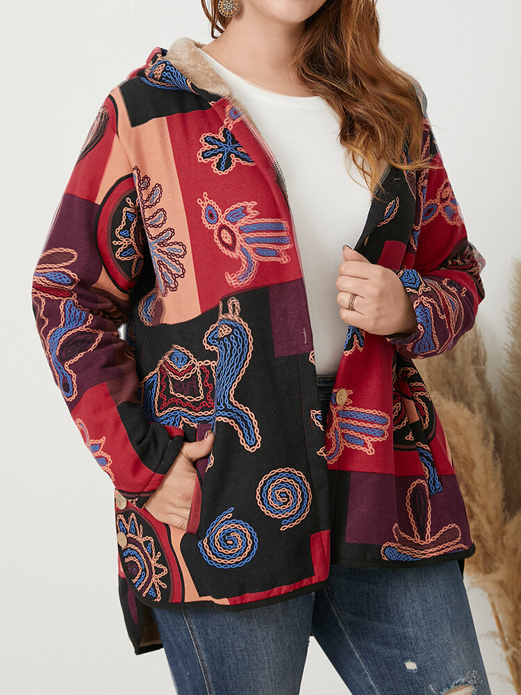 Plus Size Ethnic Pattern Patchwork Button Thermal Lined Coat