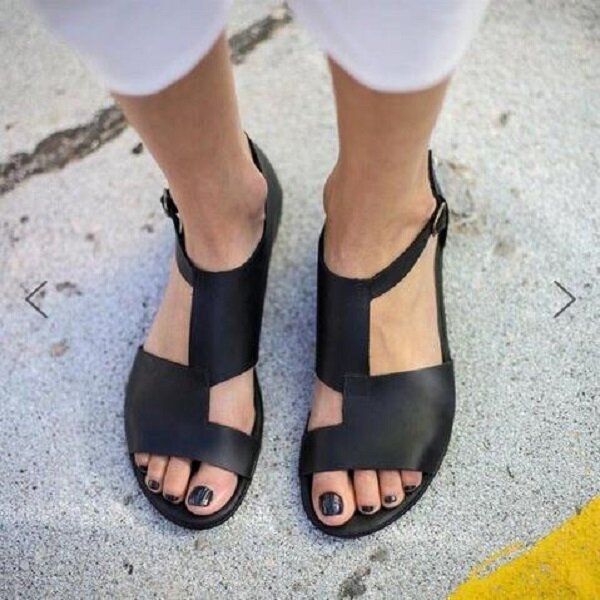 Big Size Women Breathable Hollow Peep Toe Buckle Black Flat Sandals