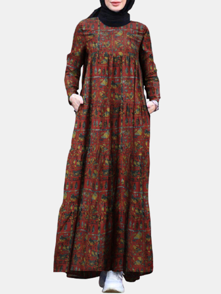 Ethnic Print Long Sleeve Vintage O-neck Plus Size Dress