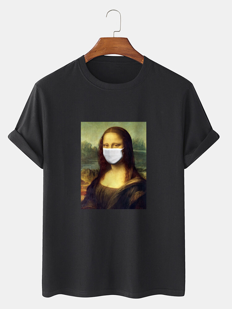 Mens 100% Cotton Funny Mona Lisa Pattern Short Sleeve T-Shirt