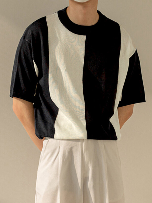 T-shirt pullover lavorata a maglia a blocchi di colore bicolore da uomo