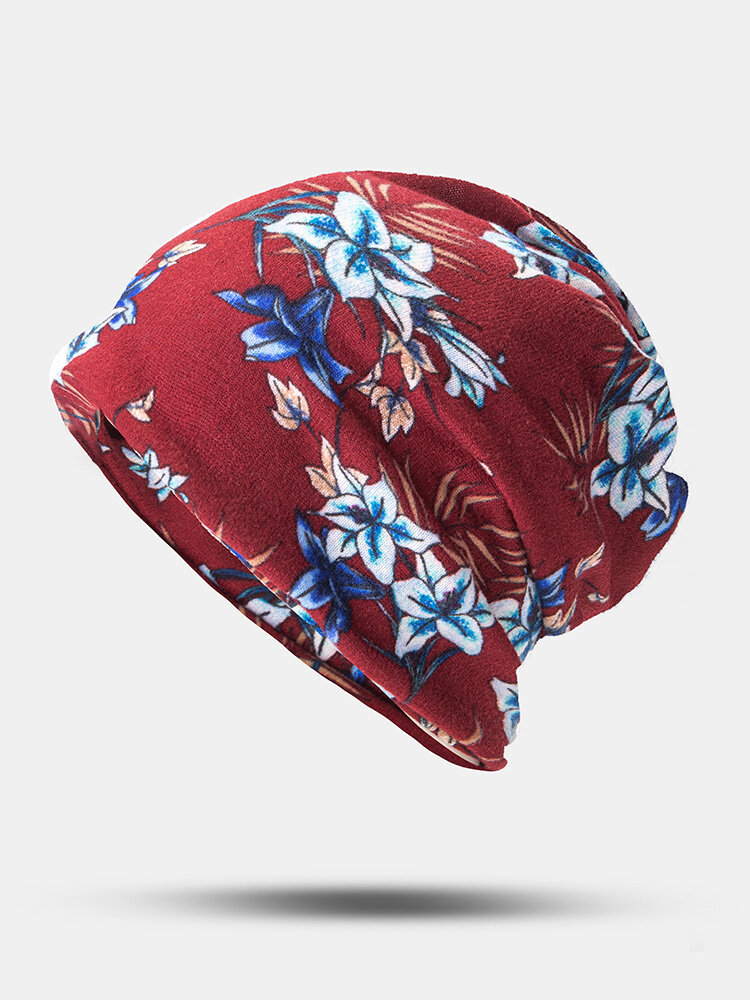 Women Dual-use Cotton Floral Pattern Overlay Brimless Beanie Hat Scarf