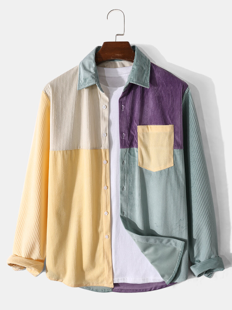 Mens Color Block Stitching Button Up Corduroy Casual Long Sleeve Shirts