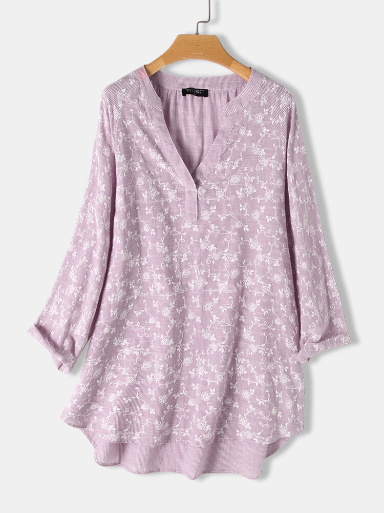 Винтажная блузка с длинным рукавом и цветочным принтом с вышивкой и V-образным вырезом