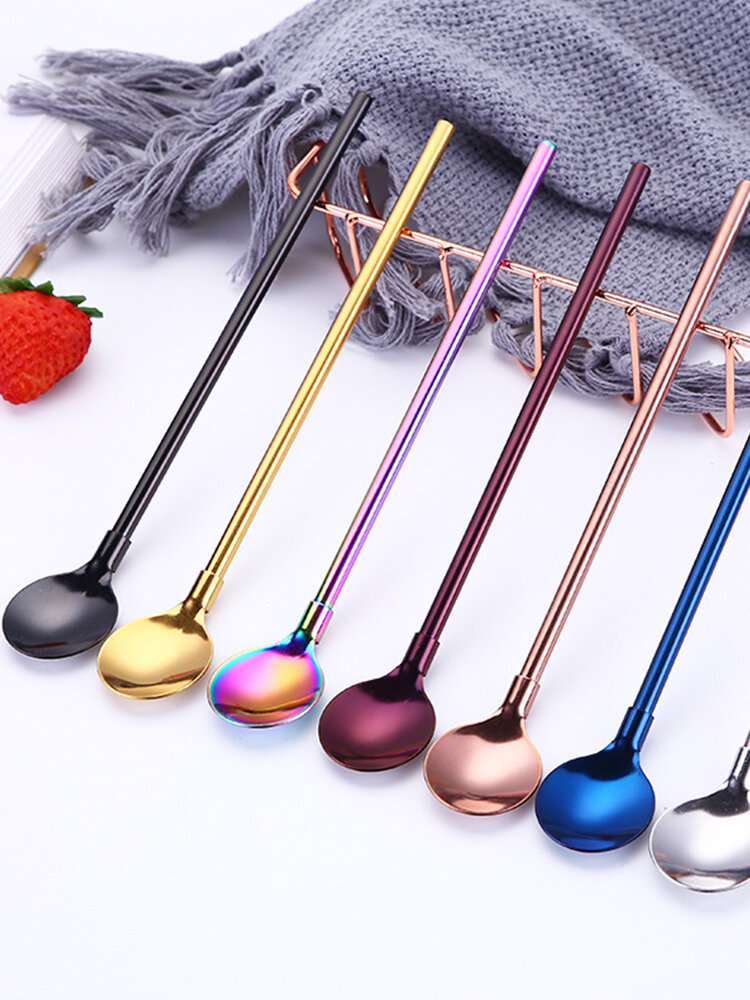 304 Stainless Steel Straw Mixing Spoon Scoop Long Handle Gold-Plated Colored Metal Straw