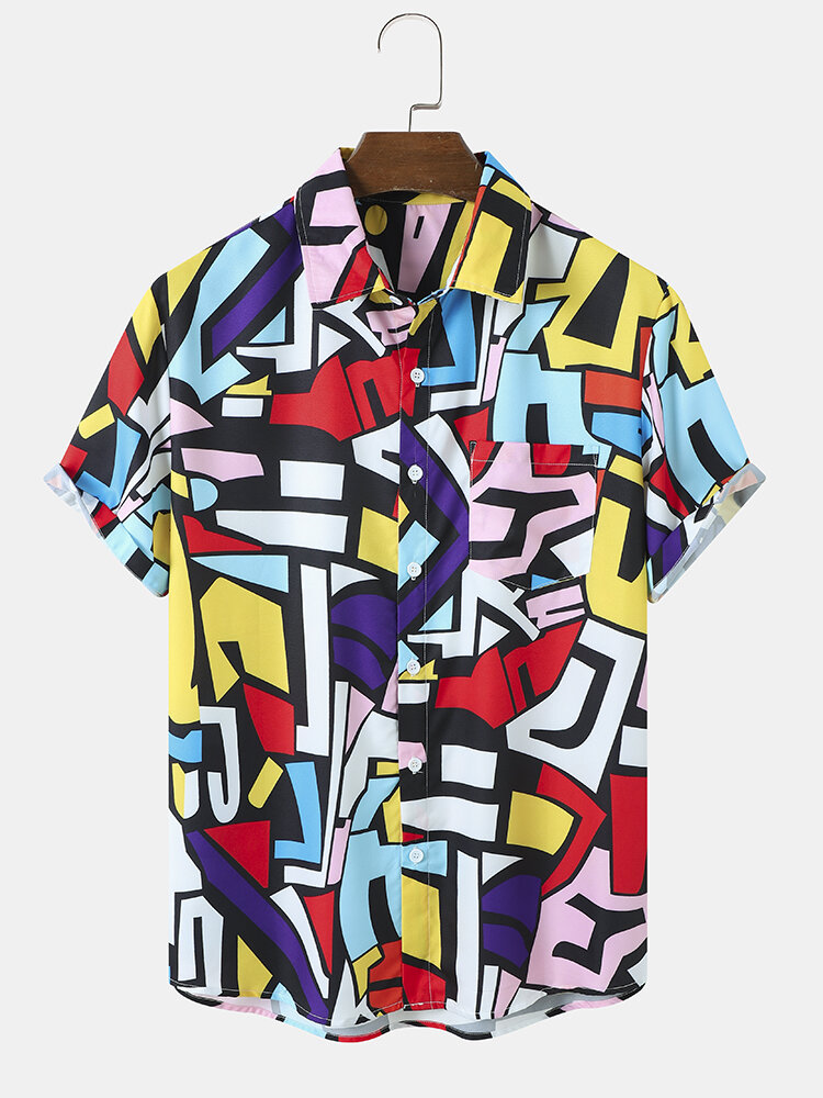 Mens Colorful Irregular Geometric Print Holiday Short Sleeve Shirts