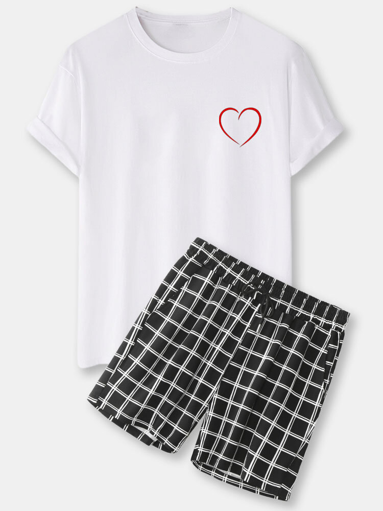 Mens Heart Chest Print Black T-Shirt & Plaid Shorts Drawstring Shorts Home Pajama Sets