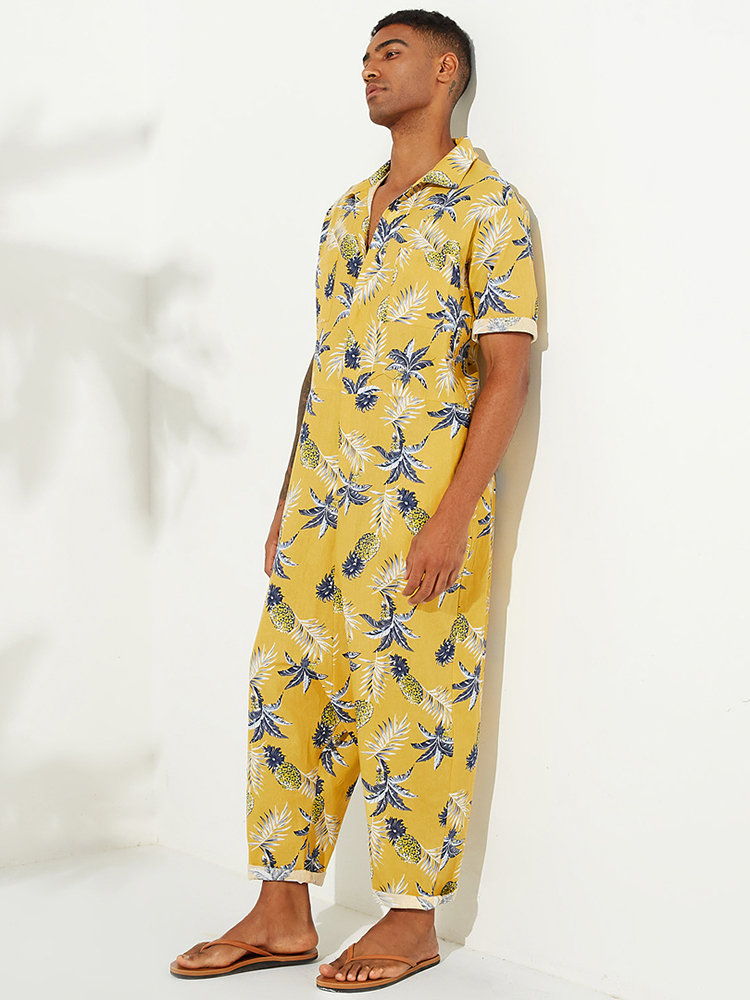 Mens Hawaiian Pineapple Print Jumpsuit Leisure Cotton Comfy Zip Up Beach Loungewear With Pockets