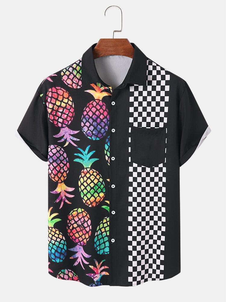 Men Pineapple & Gingham Print Pocket All Matched Skin Friendly Shirts
