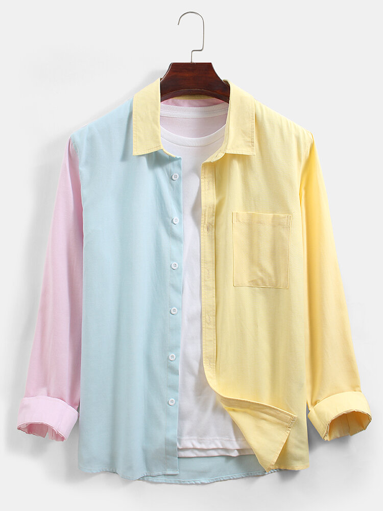 Mens Colorblock Patchwork Button Up Lapel Long Sleeve Shirts