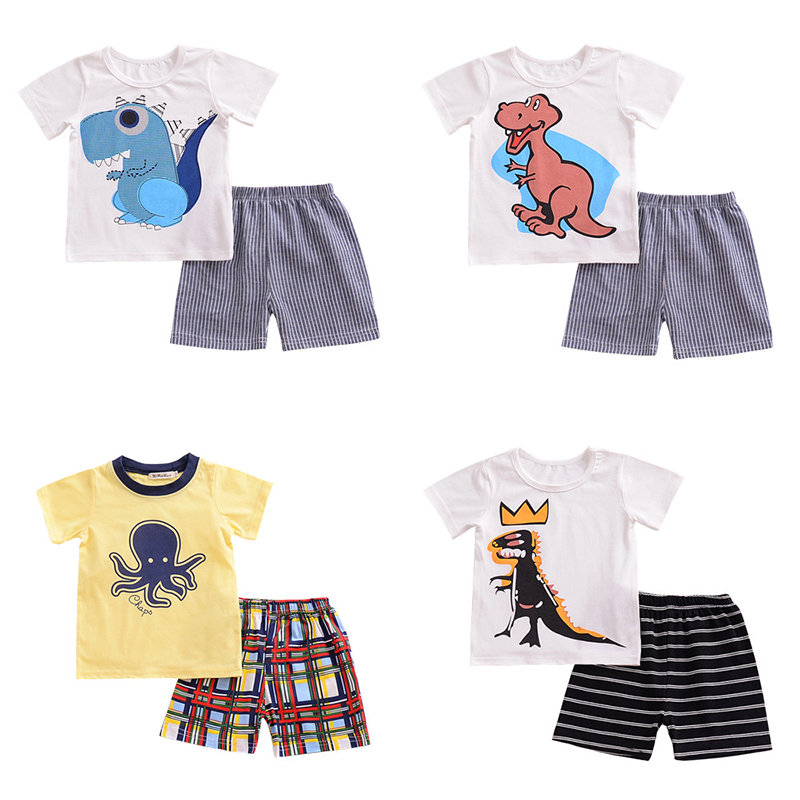 

2Pcs Cartoon Print Boys Clothing Set Toddlers Kids Cotton T-shirt + Shorts For 1Y-9Y, 1;2;3;4