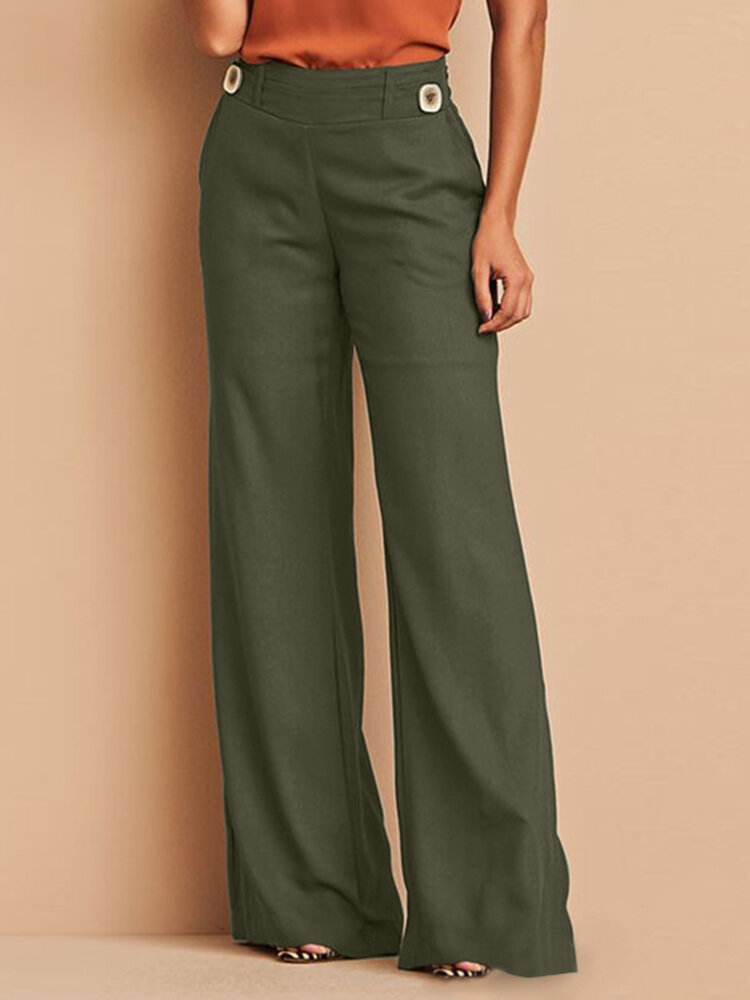 

Women Solid Button Detail Casual Pants With Pocket, Black;navy;apricot;army green
