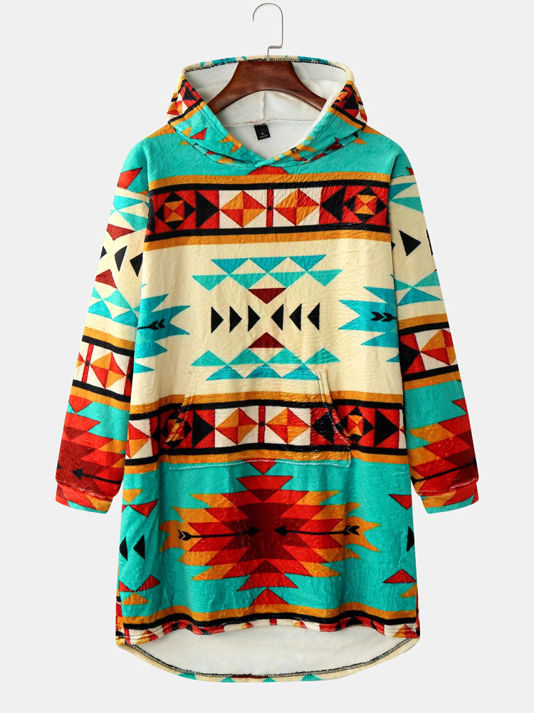 

Mens Ethnic Tribal Geo Pattern High Low Flannel Warm Home Blanket Hoodie, Multi color