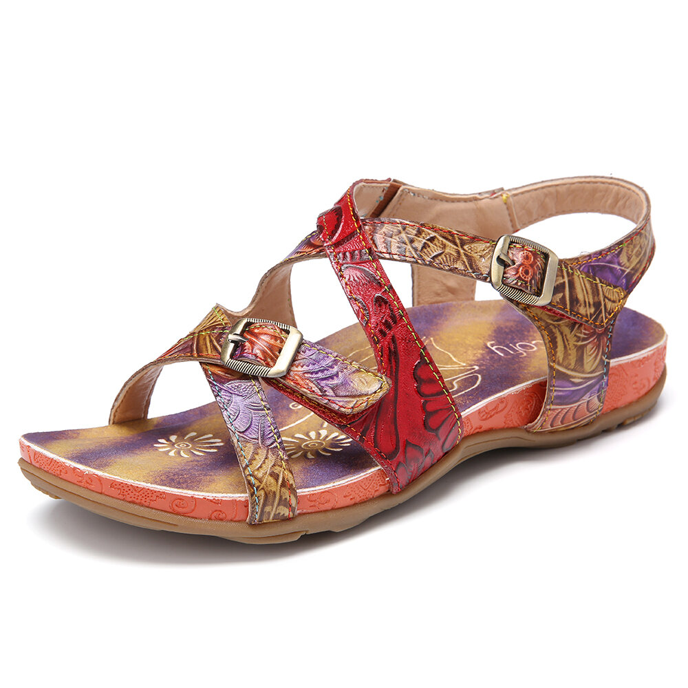 Handmade Leather Floral Tie-dyed Buckle Adjustable Strappy Flat Sandals