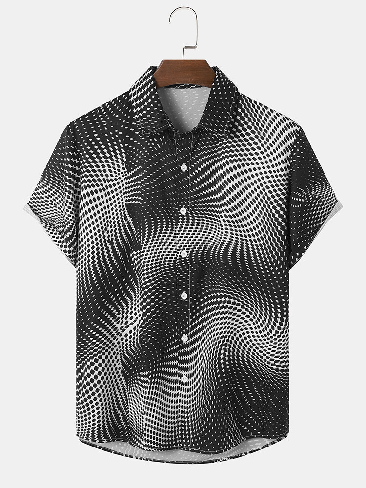 Mens Abstract Geometric Print Lapel Street Short Sleeve Shirts