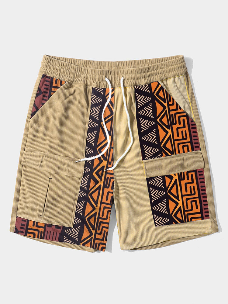 

Mens Ethnic Geometric Print Patchwork Flap Pocket Corduroy Shorts, Khaki