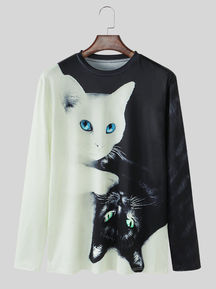 Mens 3D Two Cat Print Round Neck Loose Casual Long Sleeve T-Shirt