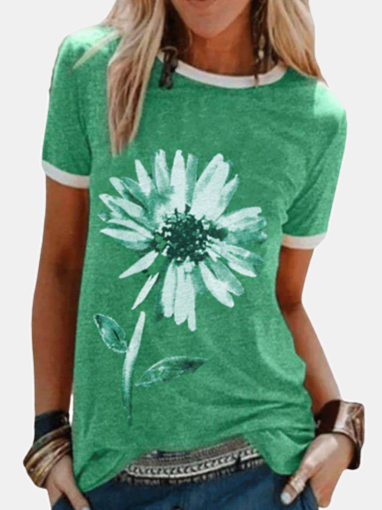 Flower Print Short Sleeve O-neck Casual T-shirt For Women