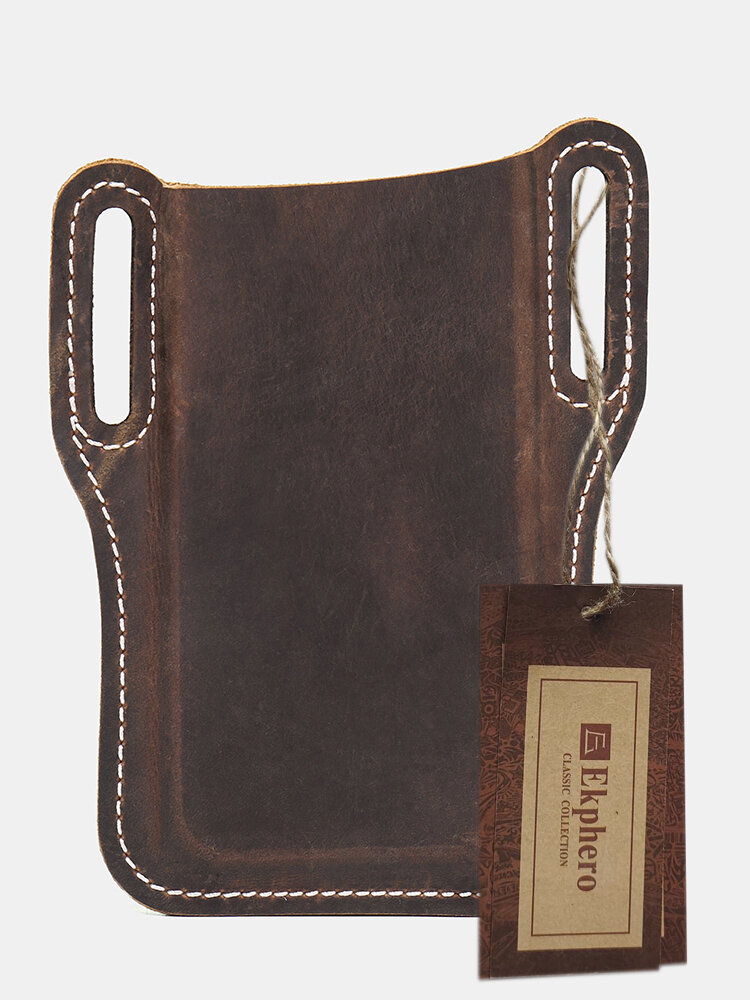 Ekphero Men Genuine Leather 7.2 Inch EDC Retro Short Cell Phone Case Belt Bag