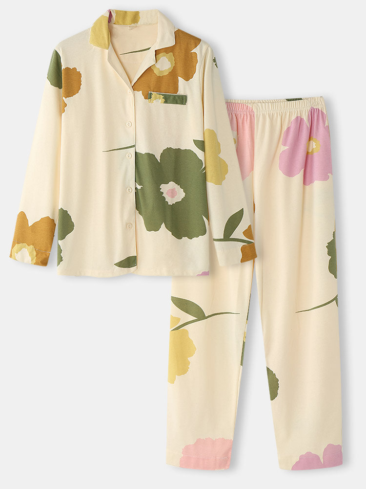 Women Floral Print Button Front Revere Collar Cozy Pajamas Sets