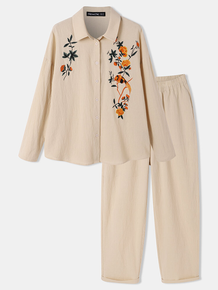 

Plus Size 100%Cotton Floral Embroidered Breathable Soft Pajamas Sets, Apricot
