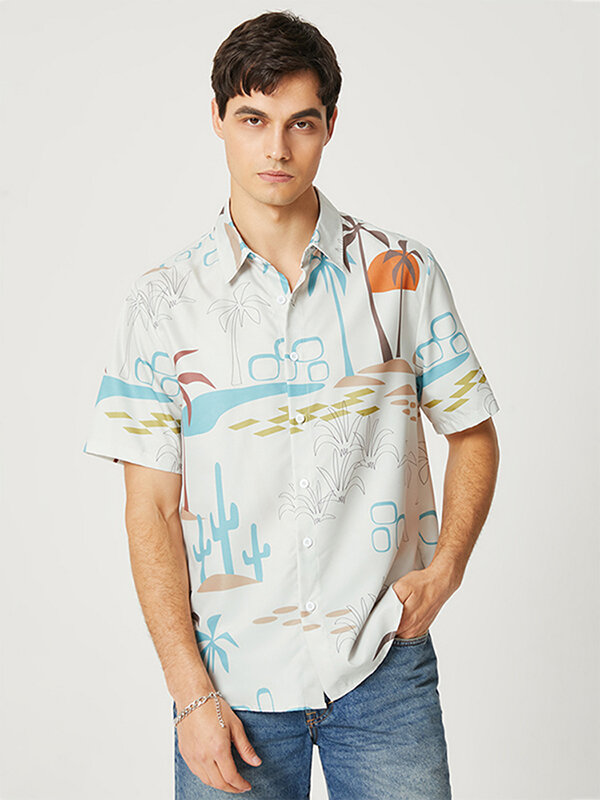 Mens Seaside Style Printed Short Sleeved Shirt