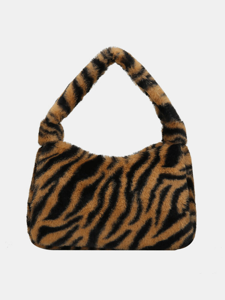 Women Plush Zebra Leopard Pattern Shoulder Bag Handbag
