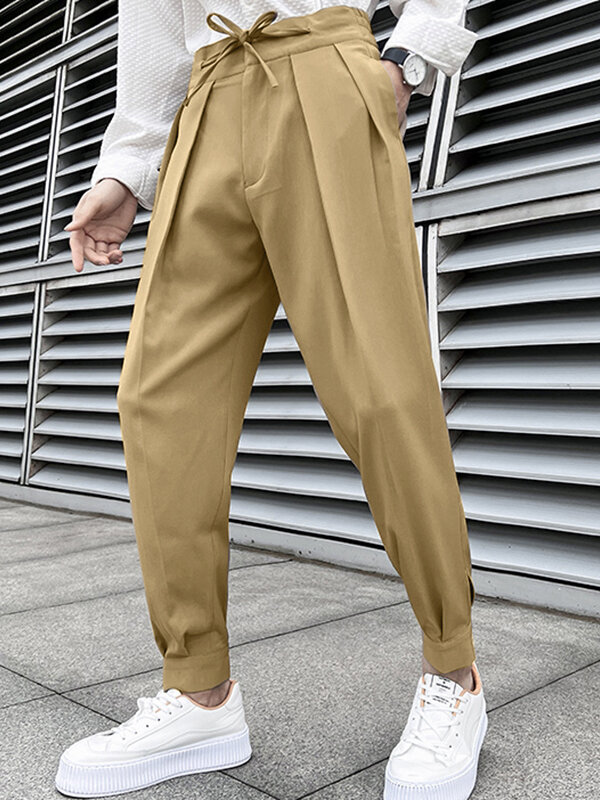 Pantalon à taille avec cordon de serrage et manchettes collantes plissées pour hommes