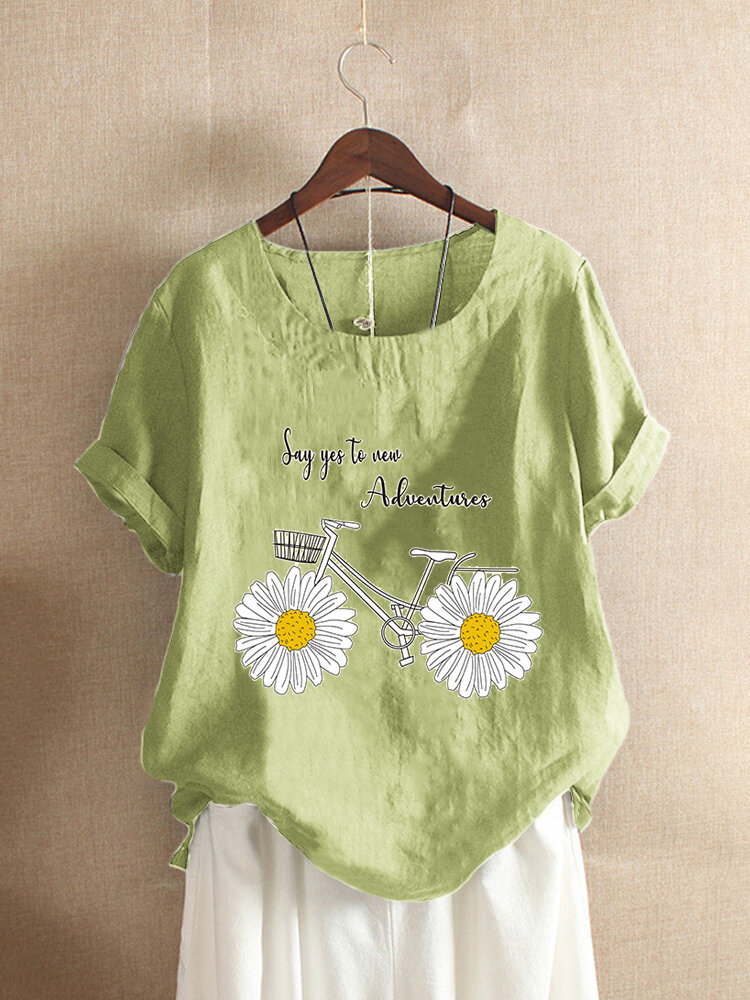 Funny Daisy Floral Bike Printed Short Sleeve T-shirt