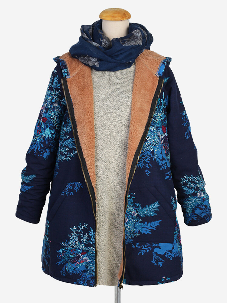 Vintage Flowers Print Fleece Hooded Plus Size Jacket Fluffy Coat