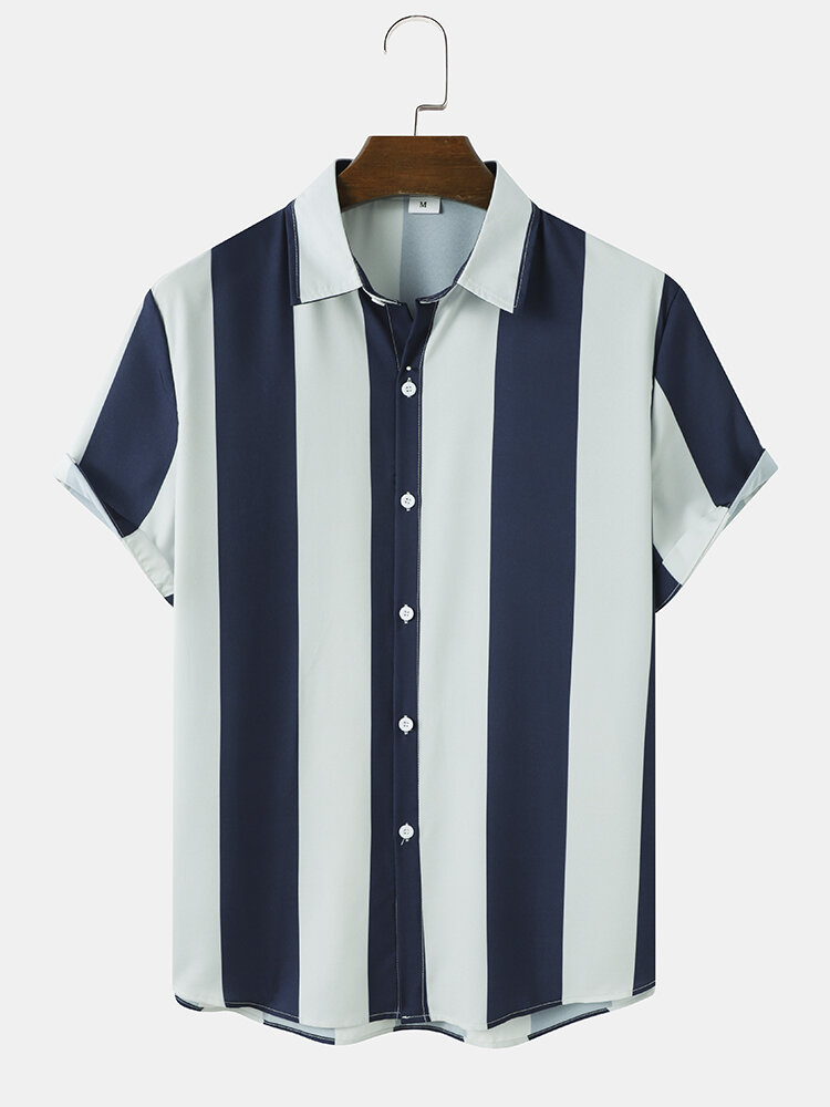 Mens Wide Stripe Button Front Daily Short Sleeve Shirts