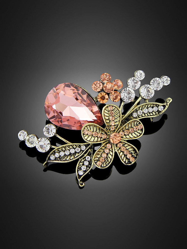 Broche de aleación de diamantes de imitación con forma de gota de flor elegante de moda